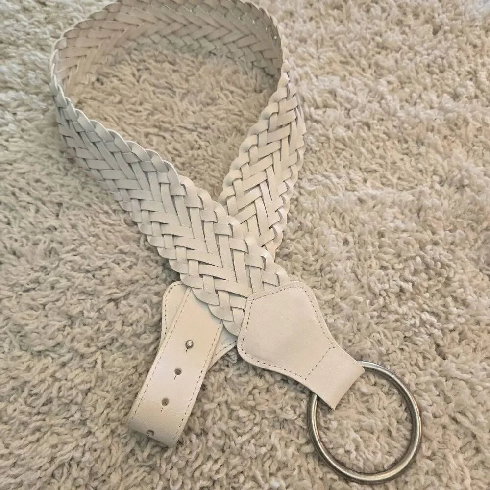 White Leather Braided Belt Large
